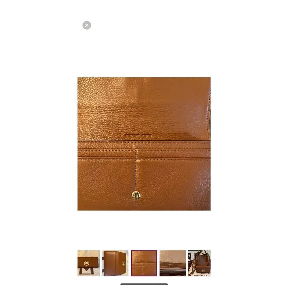 Michael Kors Fulton Carryall Leather Wallet Camel Brown Gold Hardware Classic